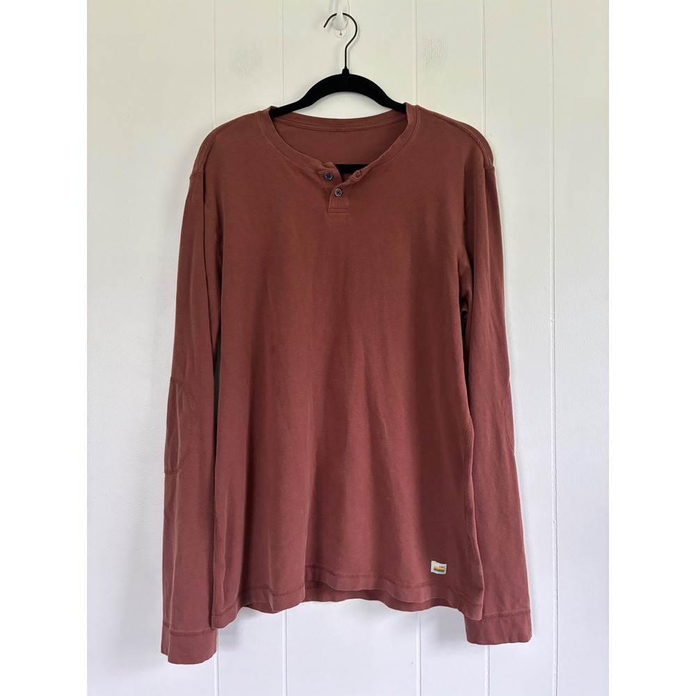 Vuori Mens Long Sleeve Henley Shirt Mahogany Brown Elbow Patches V108 Size L